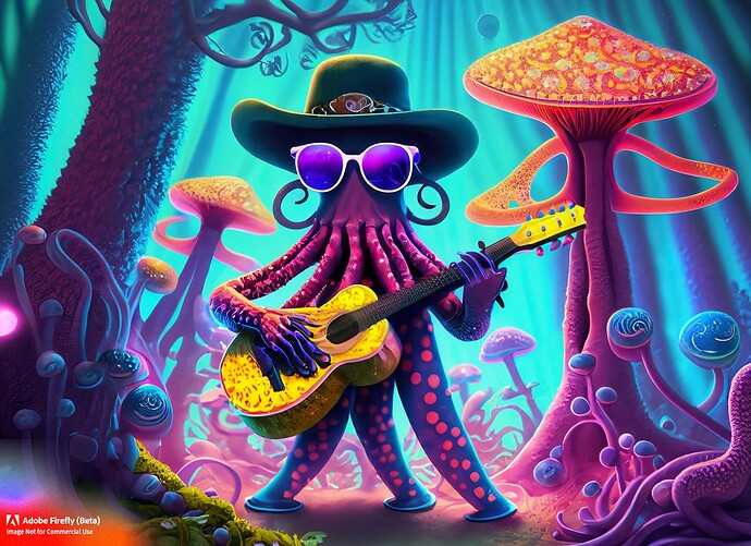 Firefly_Octopus+wearing fedora and sunglasses playing guitar on giant mushroom in neon forest_art,vibrant_colors,dramatic_light,wide_angle_993