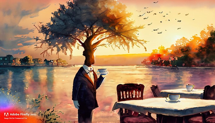 Firefly a tree dressed in a suit having tea in an outdoor cafe by a river at sunset 83905