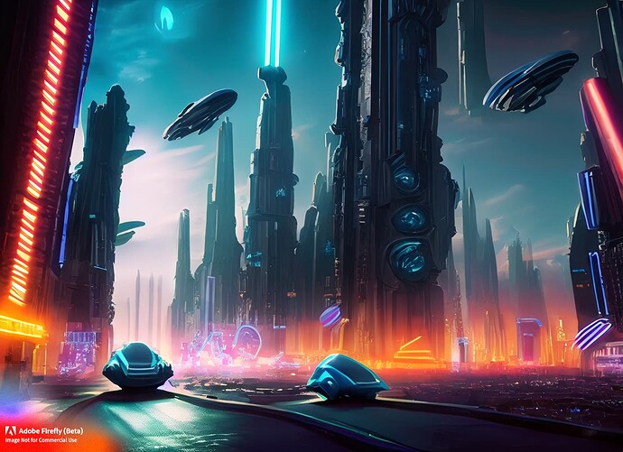 Firefly_futuristic+cityscape with towering skyscrapers, flying cars, neon lights illuminating the streets surrounded by a glowing aliens field to protect against alien invasions._photo,vibrant_colors,dramatic_light