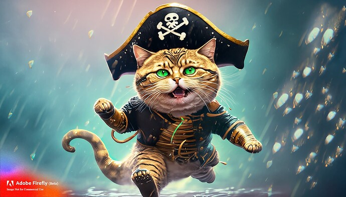 Firefly Mysterious happy gold cat with green eyes dressed as a pirate with hat carrying a fish in hi