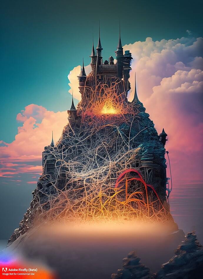 Firefly_abstract,+intricate, highly detailed castle made of colored wires, on top of a mountain, surreal, dream like, pin light, abstract cloudy sunset textured background, backlit, muted color_art,hyper_realistic_25201