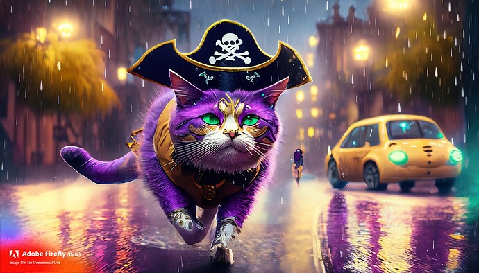 Firefly Mysterious purple and gold cat with green eyes dressed as a pirate with hat running down yel