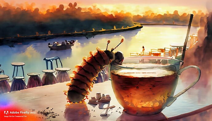 Firefly a caterpillar having tea in an outdoor cafe by a river at sunset 83905