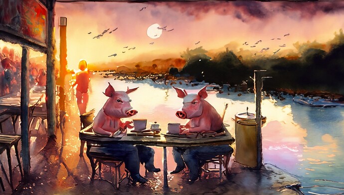 pigs having tea in an outdoor cafe by a river at sunset