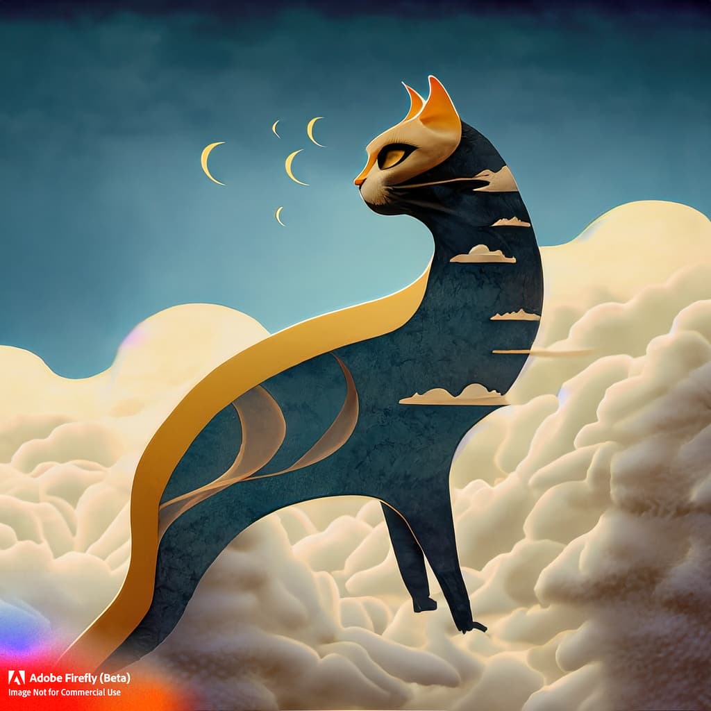Firefly_abstract+slender cat with long tail in the clouds, subtle, dream like, surreal_paper,golden_hour_63641